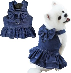 Denim Dog Dresses for Small Dogs Puppy Girl Clothes with Leash Ring and Cute Bow Knot Summer Cat Apparel with D-Ring Blue Girl Dog Clothes (Dark Blue,Medium)