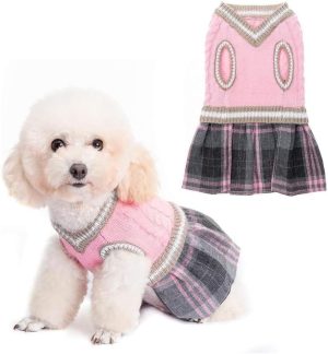 Dog Sweater Dress Plaid for Small Medium Dogs Girl,Dog Winter Clothes Warm Pullover with Leash Hole,V-Neck Knitwear Pet Sweater Puppy Clothes Cat Knitted Dress One-Piece Dress Pink