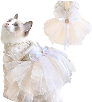 Fancy Dog Dresses with Leash Ring, Embroidered Dog Wedding Dress, Bow Puppy Clothes for Small pet Girl Multi-Layer Lace Tutu Cat Outfit for Kitten Chihuahua Yorkie, Small