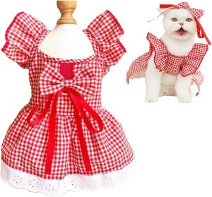Plaid Dog Dress with Leash Ring - Girl Dog Clothes for Small Dog, Cat, Puppy - Red, Bow Decor - Holiday, Pomeranian, Yorkie, Dachshund, Chihuahua (Small)