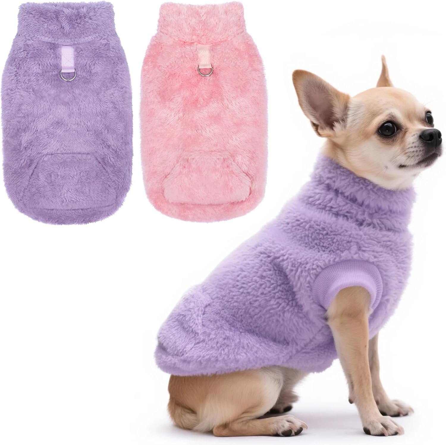 Fleece Dog Sweater Vest 2 Pack, Small Dog Clothes Sleeveless with Leash Ring and Pocket, Warm Puppy Sweatshirt Pet Cold Weather Pullover for Cats (Pink+Purple, Large) - Image 2