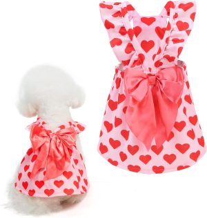 Dog Dress for Small Dogs Girl,Pink Heart Print Small Dog Clothes Cat Dress with Cute Bow Decor,Chihuahua Yorkie Pomeranian Puppy Kitten Dresses Outfit for Birthday Wedding Holiday(Heart,XS)