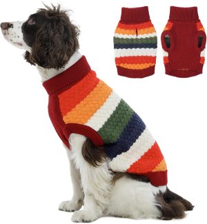 Large Dog Sweater, Turtleneck Knit Dog Sweaters for Large Dogs Colorful Strips Pet Knitted Vest Warm Clothes, Soft Puppy Sweater Thermal Sweatshirt for Xmas Holiday Cold Weather, Red XL