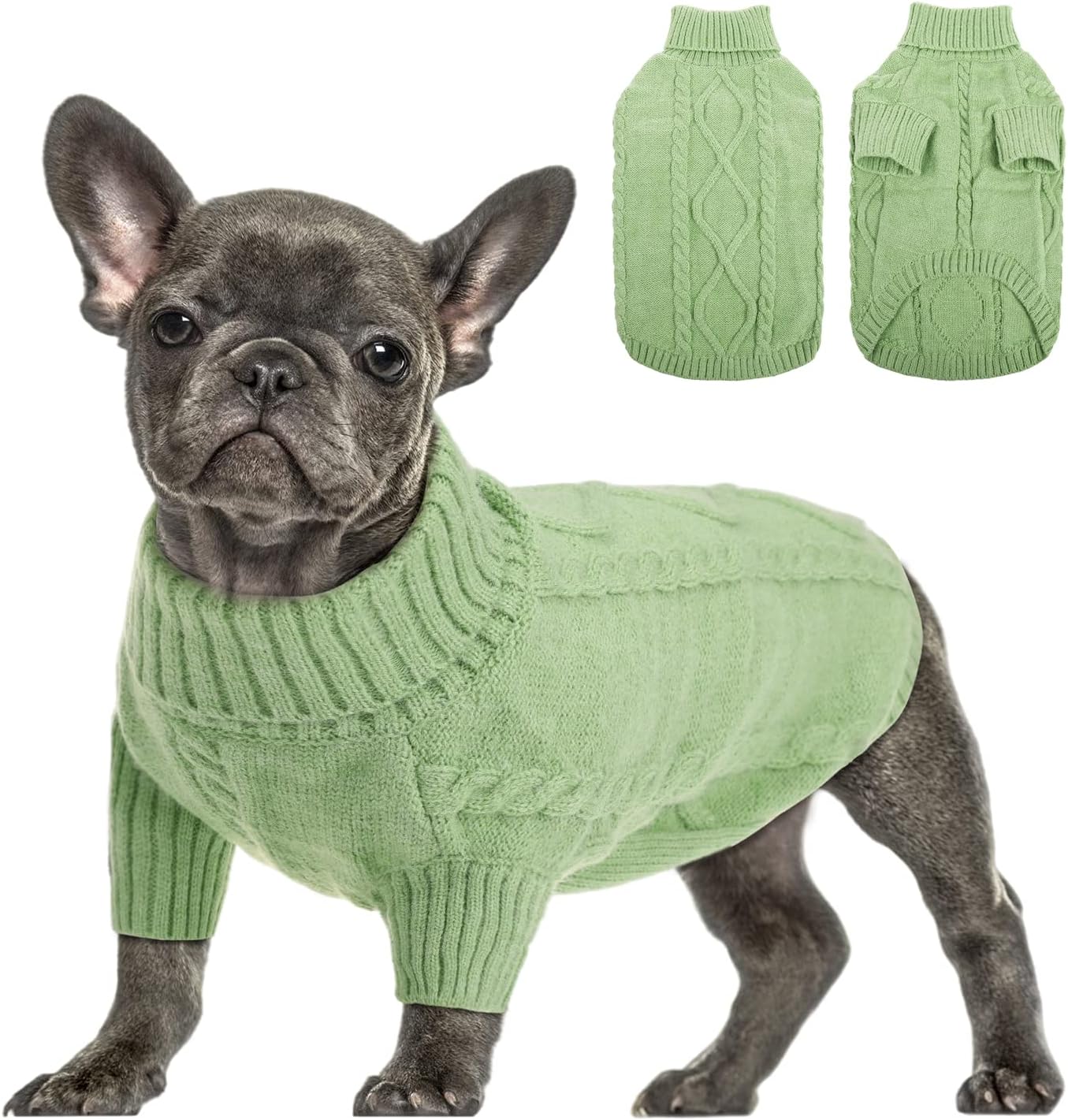 Small Dog Pullover Sweater, Cold Weather Cable Knitwear, Classic Turtleneck Thick Warm Clothes for Chihuahua, Bulldog, Dachshund, Pug, Yorkie (Green, Small)