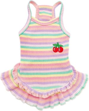 Cute Dog Dress for Small Dogs Girl Birthday Puppy Clothes Spring Summer Dog Outfits Rainbow Colorful Striped Cherry Princess Pet Tutu Skirt Doggie Cat Chihuahua Yorkies Dresses