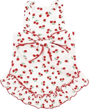 Cute Sleeveless Slip Dog Dress with Bow – Soft Cotton Gauze Pet Puppy Sundress with Ruffled Skirt for Small Medium Dogs, Cherry Print Outfit Clothes for Daily Walk, Birthday, Party