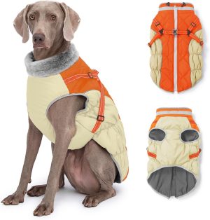 Dog Winter Coat with Harness, Dog Jacket, Pet Clothes with Zipper on Back, Waterproof Windproof Warm Vest, Reflective Cold Weather Coats, for Small Medium Large Dogs, Thick, Orange, M