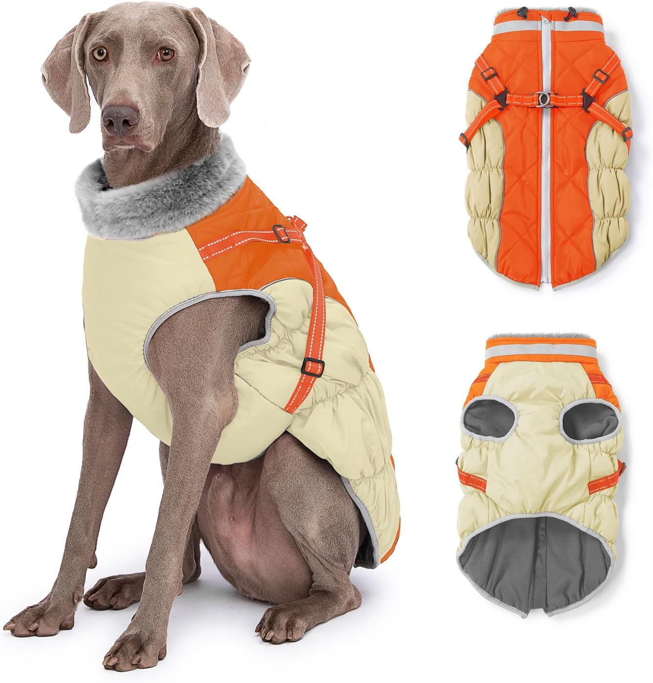 Dog Winter Coat with Harness, Dog Jacket, Pet Clothes with Zipper on Back, Waterproof Windproof Warm Vest, Reflective Cold Weather Coats, for Small Medium Large Dogs, Thick, Orange, M
