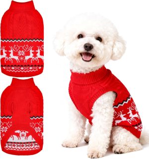 Christmas Dog Sweater for Small Dogs,Classic Reindeer Knitwear Xmas Dog Clothes Holiday Outfit,Soft Warm Winter Pet Puppy Cat Sweaters Coats with Leash Hole Indoor Outdoor Walking(Red,S)