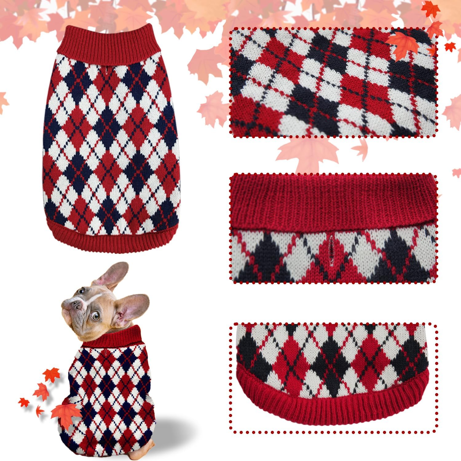 Pet Sweater The Diamond Plaid Cat Dog Shirts, Dog Apparel with Leash Hole,Red Boys Girls High Stretch Pet Clothes Small - Image 2