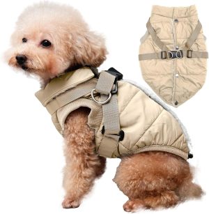 Dog Jacket with Harness,Fleece Lined Warm Puppy Coat for Winter,Soft Windproof Small Dog Vest,Khaki S