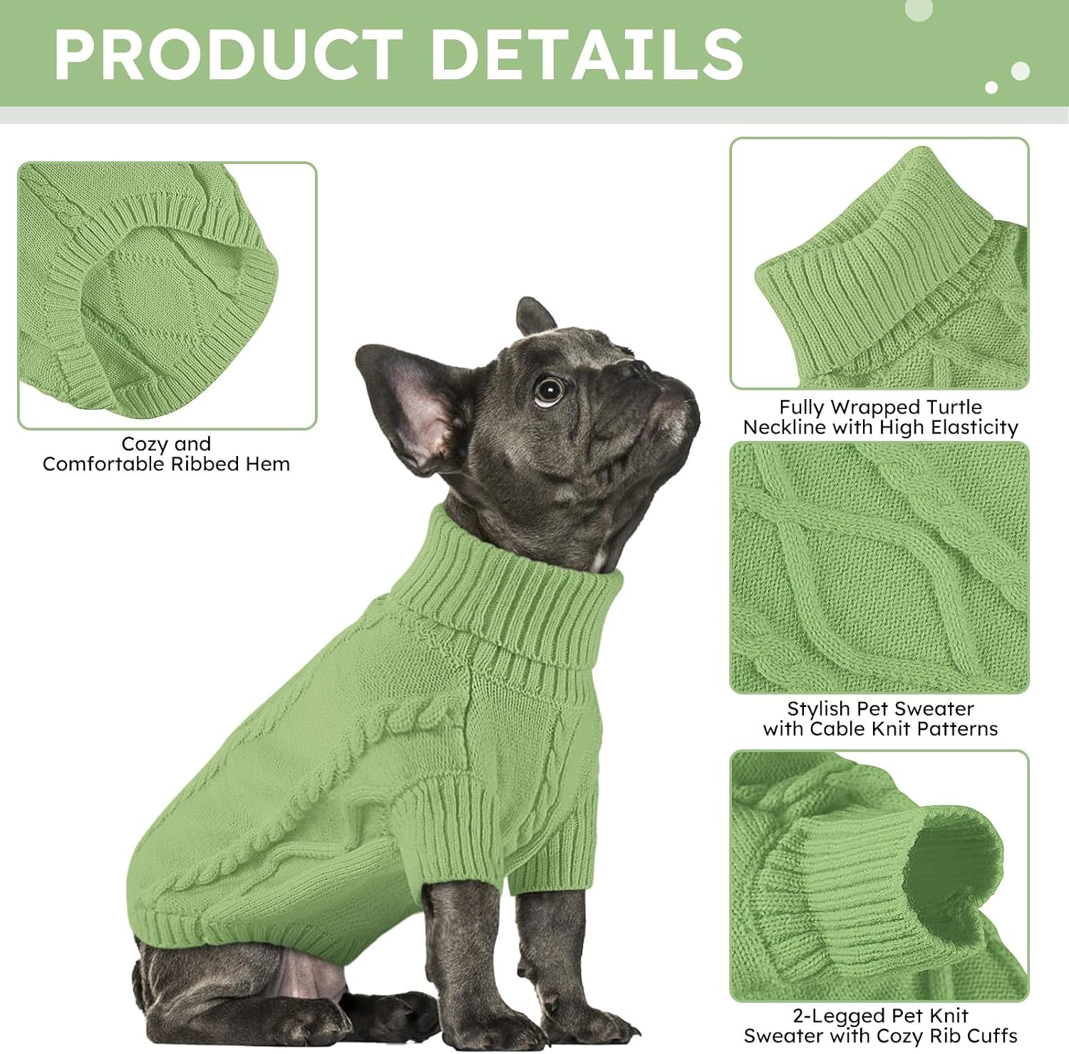 Small Dog Pullover Sweater, Cold Weather Cable Knitwear, Classic Turtleneck Thick Warm Clothes for Chihuahua, Bulldog, Dachshund, Pug, Yorkie (Green, Small) - Image 2