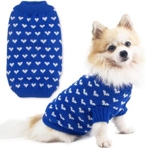 Dog Sweater Heart Puppy Sweater Warm Soft Pet Cloth Dog Outfits for Small Dogs and Cats (Blue, M)