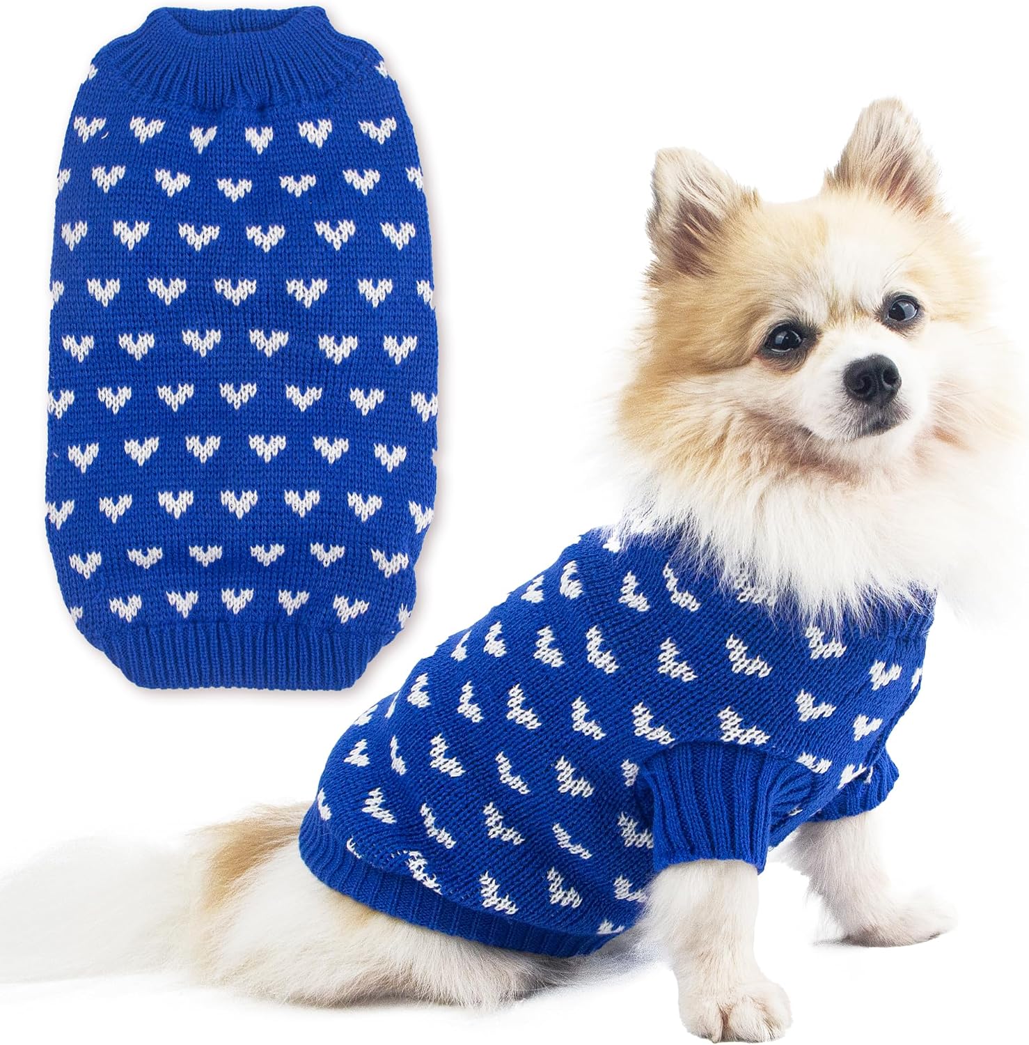 Dog Sweater Heart Puppy Sweater Warm Soft Pet Cloth Dog Outfits for Small Dogs and Cats (Blue, M)