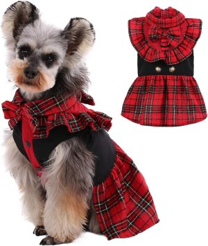 Dog Classic Red Plaid Dress for Small Medium Dogs, Puppy Bowknot Tutu Dress with D-Ring Buckle, Cute Pet Vest Dog Princess Skirt for Wedding Holiday Party Photography M
