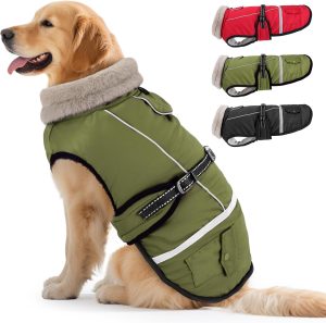 Dog Coat, Warm Dog Winter Coat Reflective Jacket Waterproof Fleece Vest, Pet Jacket Cozy for Cold Weather, Dogs Snowsuit Windproof, Adjustable Buckle for Large Dogs