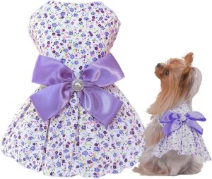 Floral Print Dog Dress with Satin Bow and Pearl for Small Dogs Girl, Cat Apparel,Purple, Small